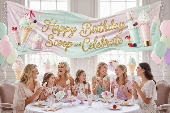 a birthday party with women and children. there is a banner that says Happy birthday scoop and celebrate - with skincare that looks like ice cream and decor around