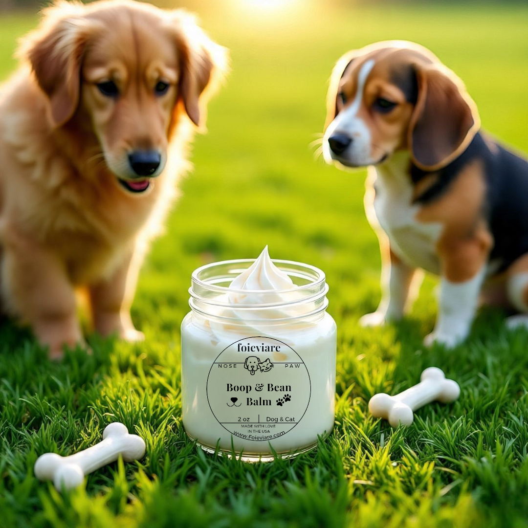 Two dogs standing on grass next to a jar of whipped cream with a blurred background