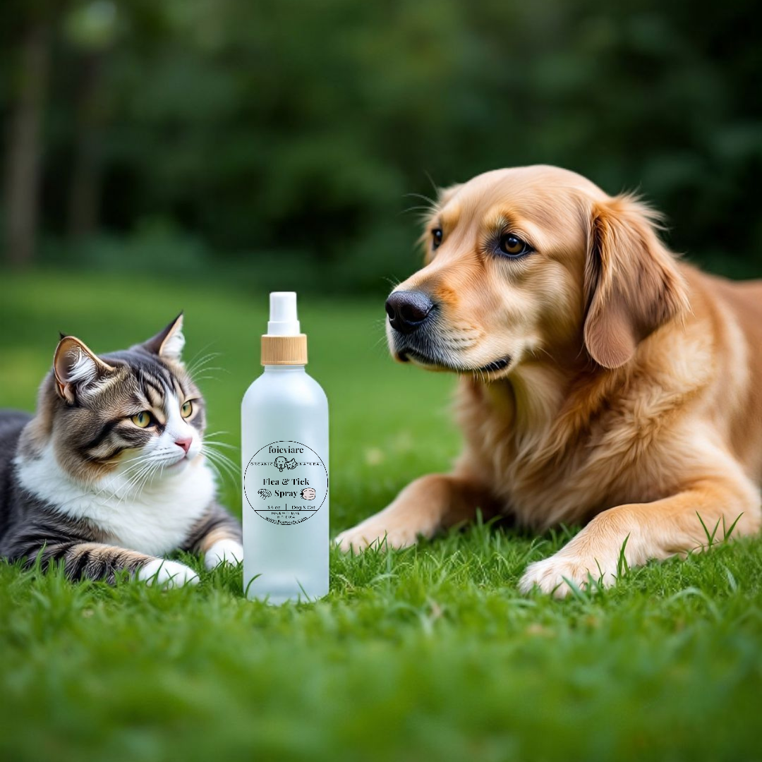 Cat and dog lying on grass with a bottle of pet product between them