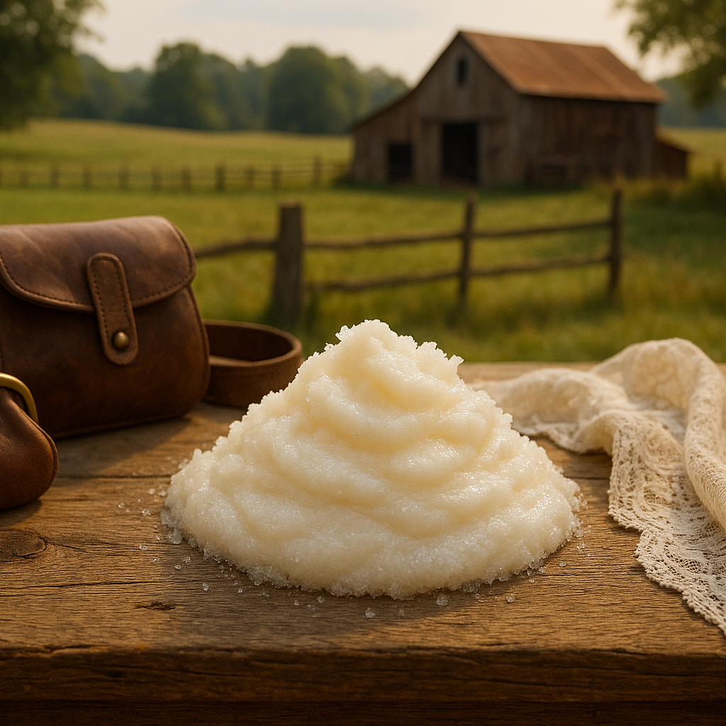 Stack of white fabric on a wooden surface with a leather bag and lace in the background, set against a rustic barn and field.