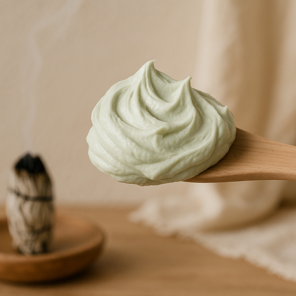Wooden spoon with green lotion on a wooden surface with a neutral background