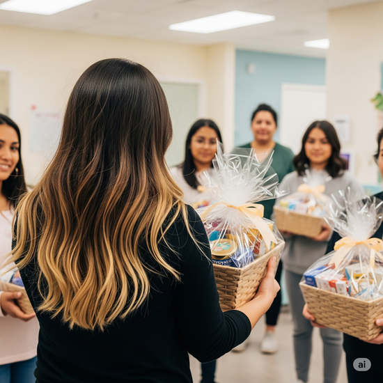 Group of people holding gift baskets in an indoor setting